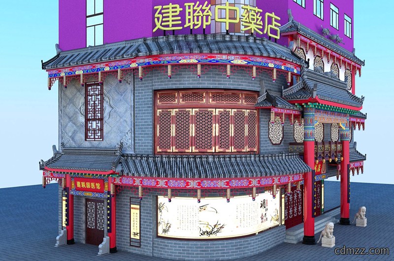中医馆商铺仿古屋檐门头装修效果图